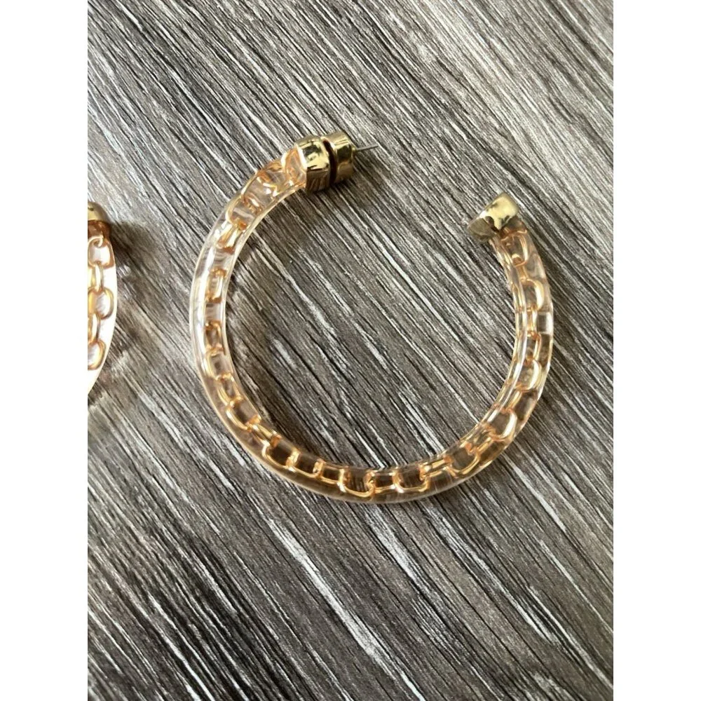 Vintage 80’s Largo Gold Tone Hoop Dangle Earrings Poured Lucite Statement Sz 3”